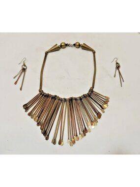 Vtg 70s Brass Fringe Necklace & Earrings Set 9.25" Long Cleopatra Retro Unique